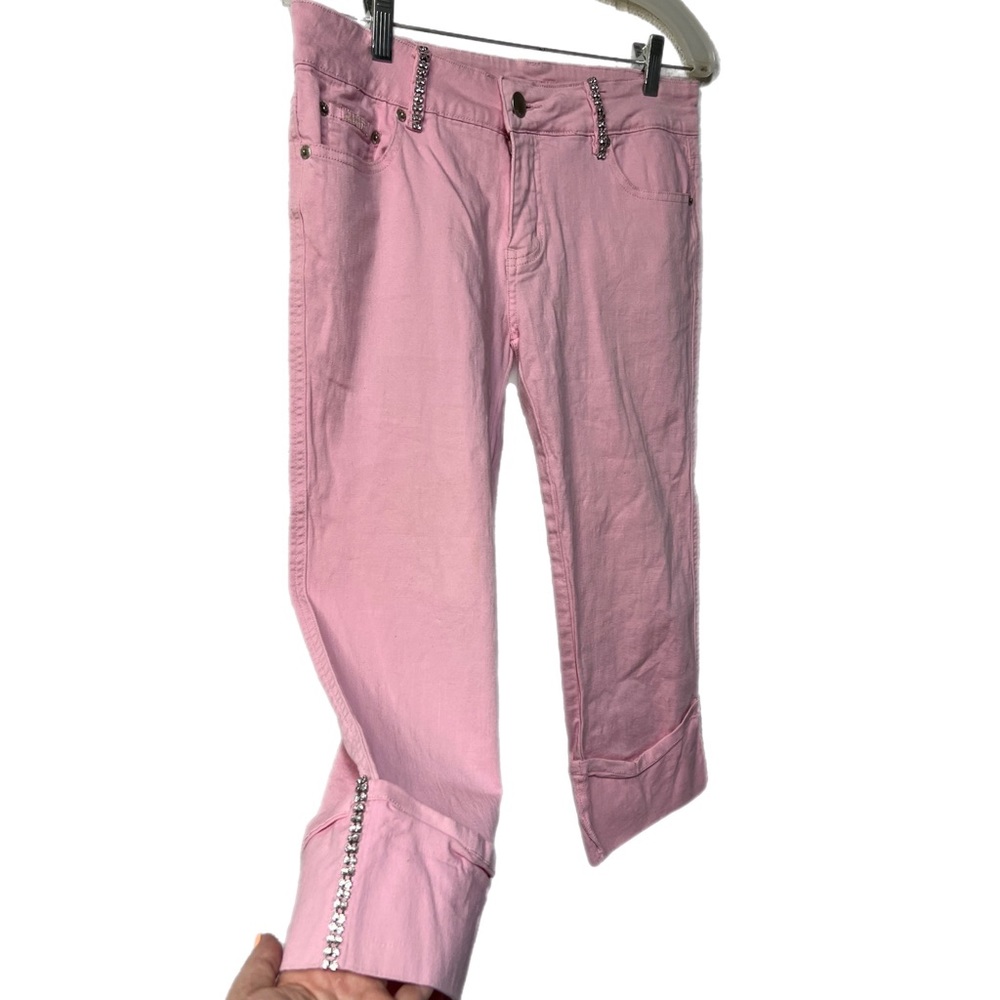 Vintage 90s Y2K Pink Rhinestone Cropped Jeans Capris Size 11 Barbie